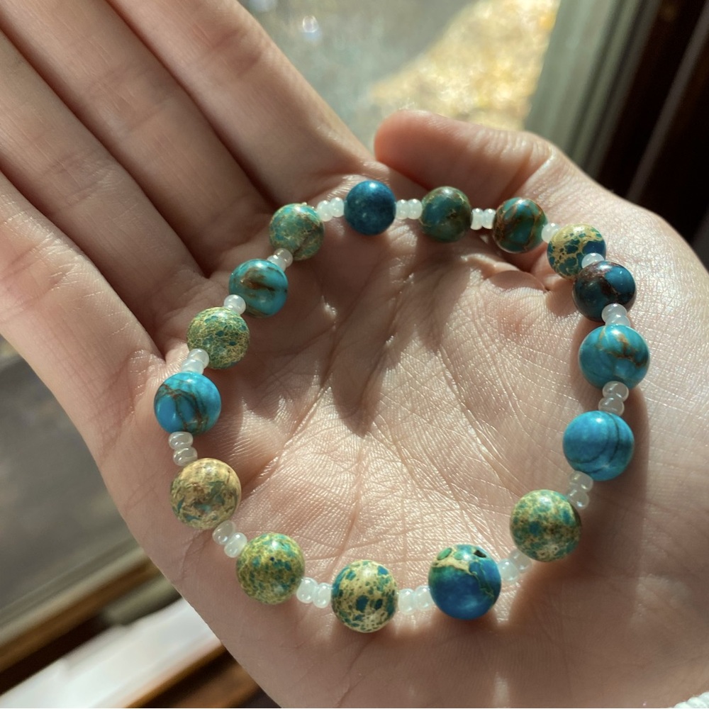 Handmade Crystal Bracelet with Blue Imperial Jasper Stones and Pearl Beads